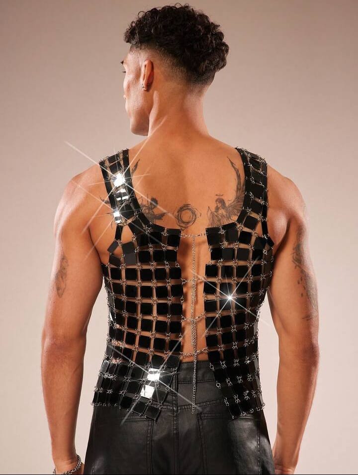 Men's Sequin Decor Sheer Crew Neck Tank Top, Suitable For Parties And Gatherings